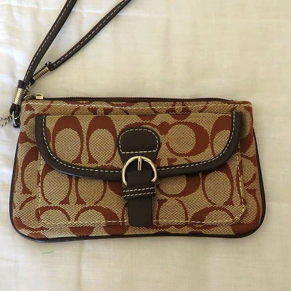 Coach Brown Signature Wristlet Clutch Leather Trim - Picture 1 of 5